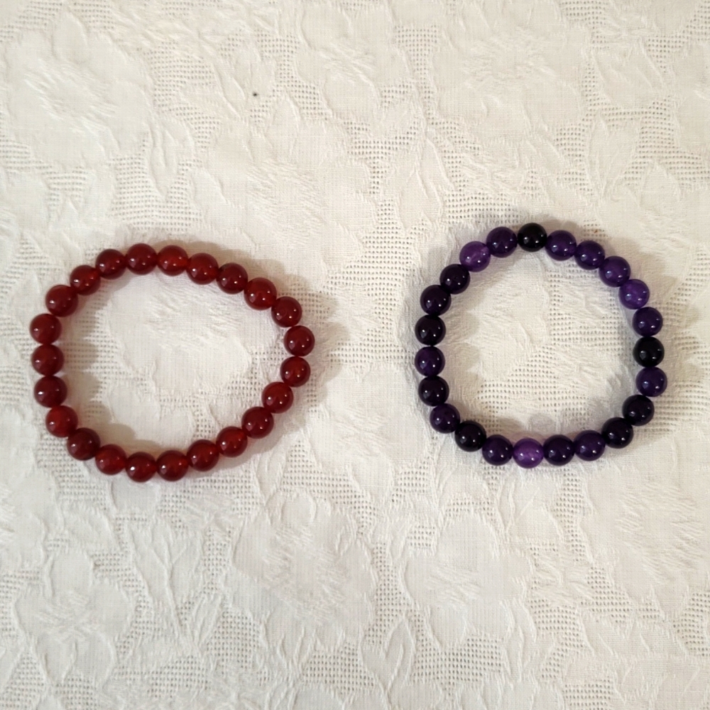 Lot of 2 Gemstone Crystal Stretch Beaded Bracelets - Red Onyx & Amethyst Unisex